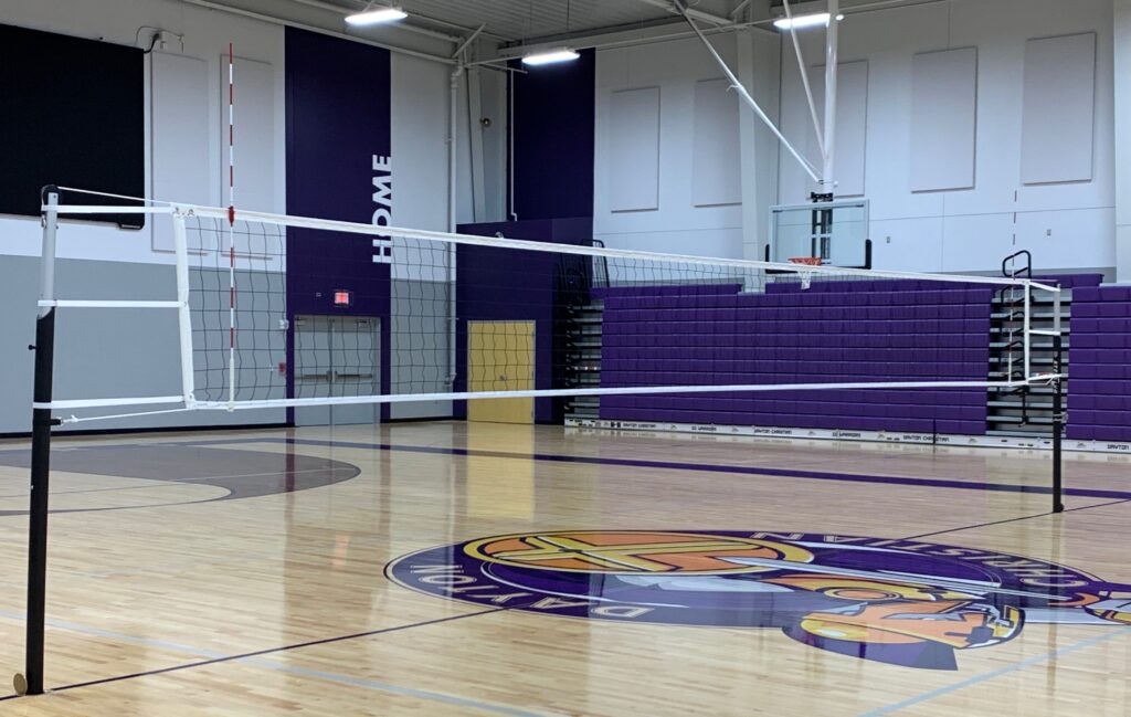 The complete and assembled Sterling E Series Volleyball Net System